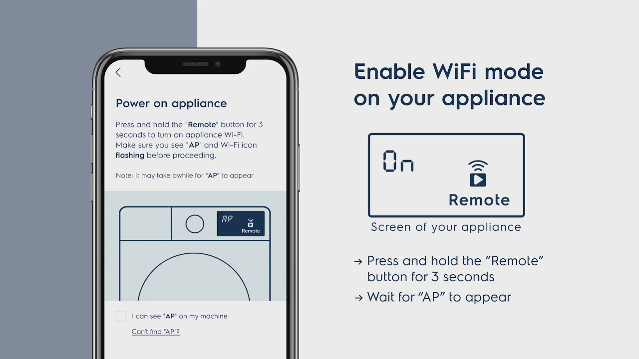 App screen guiding a person to turn on Wi-Fi mode on the appliance