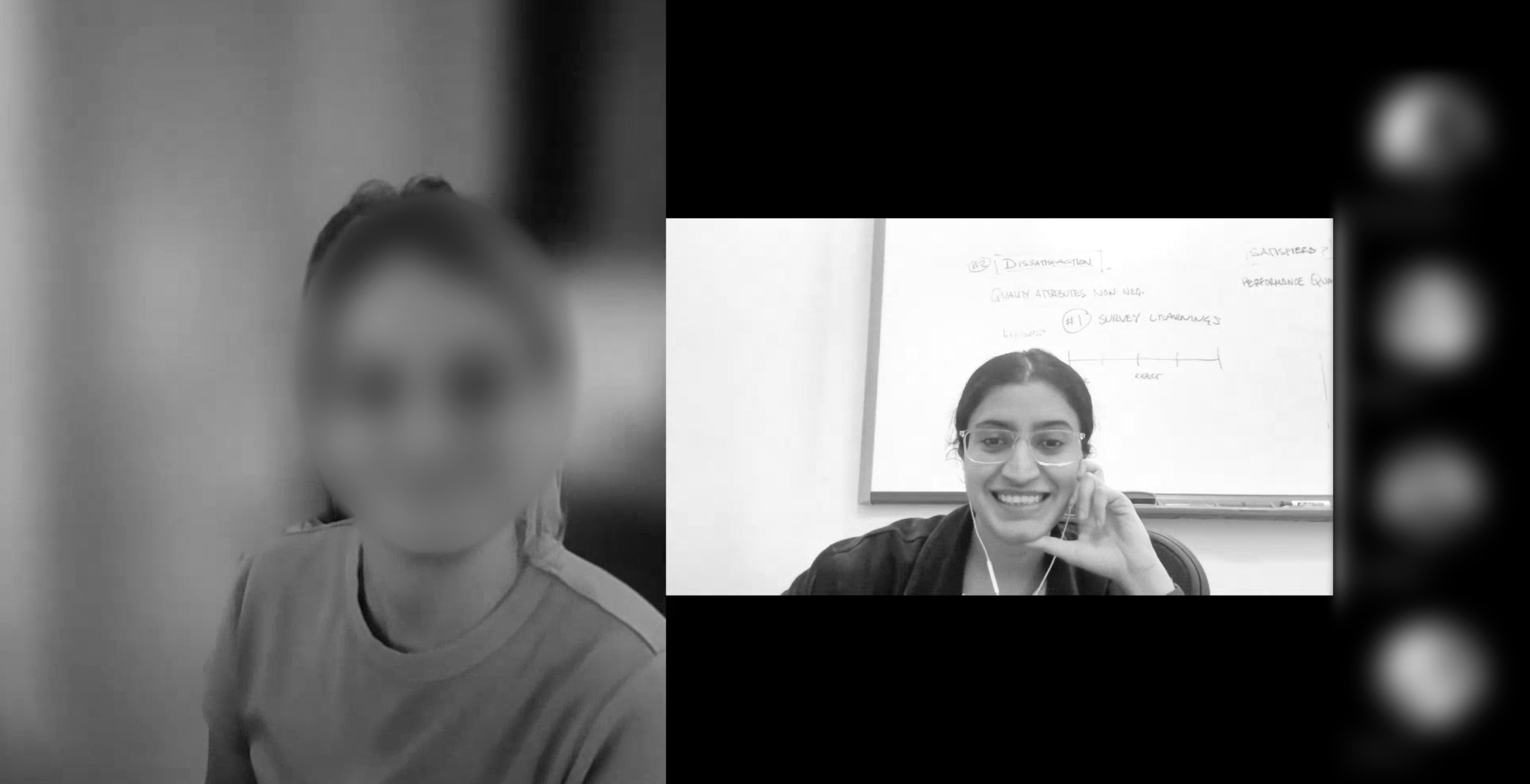 A remote interview on a video call: Shreya moderating, the participant’s face blurred