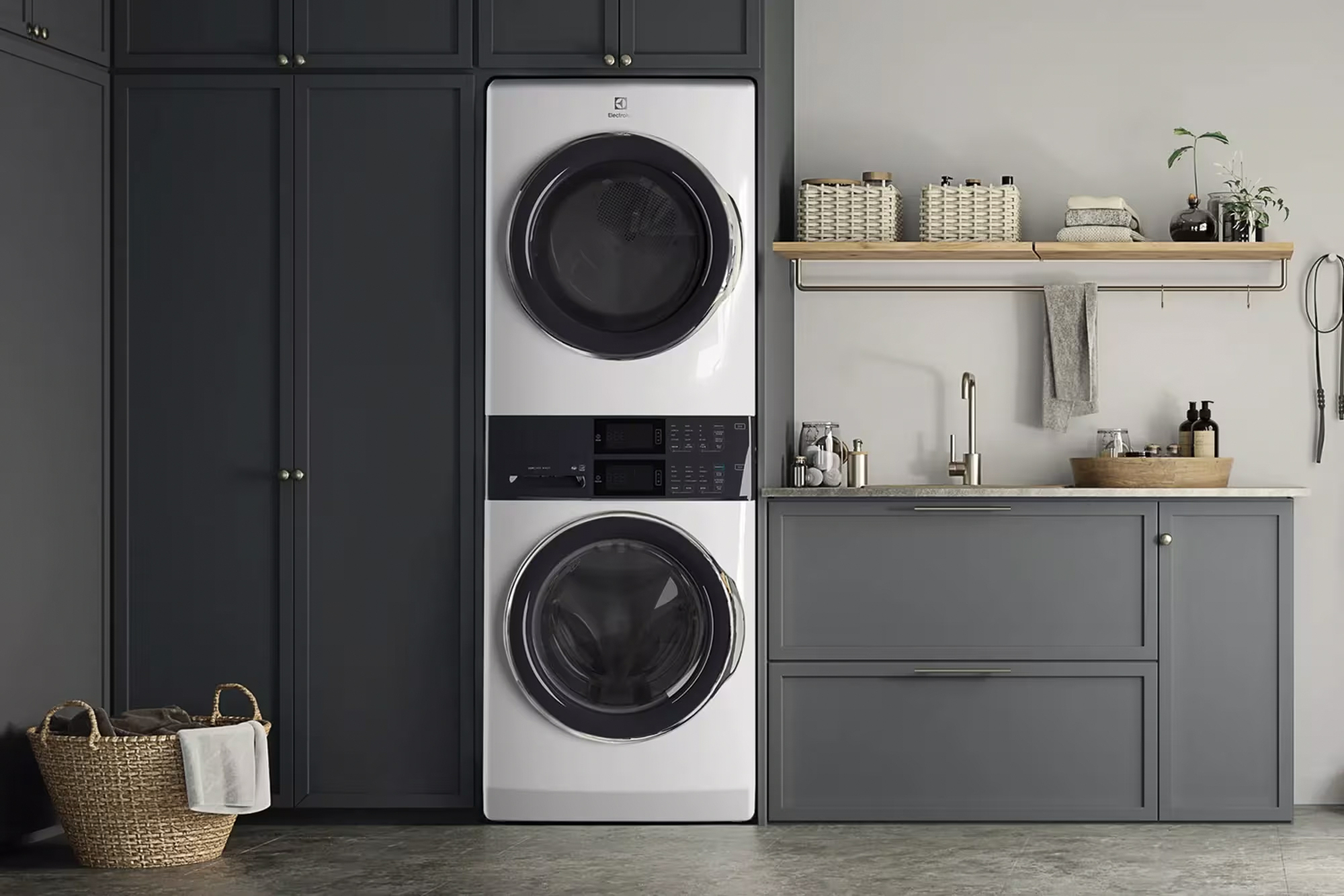 A stacked washer and dryer tower in a laundry room