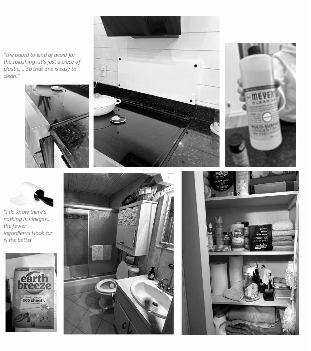 Report photos of cleaning hacks: a splash board behind the stove, cleaning supplies in each bathroom