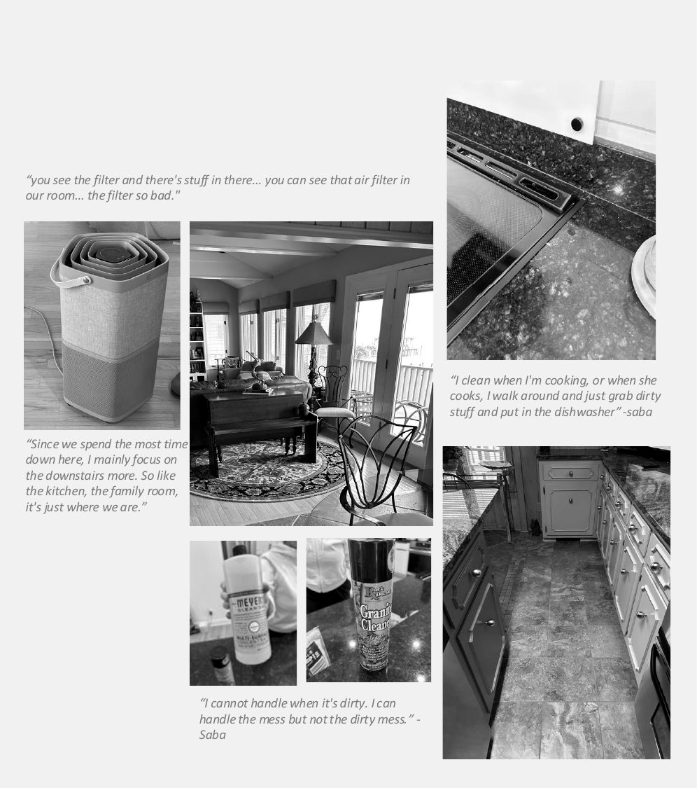 Report photos of a participant home: air purifier, kitchen counters, and cleaning products
