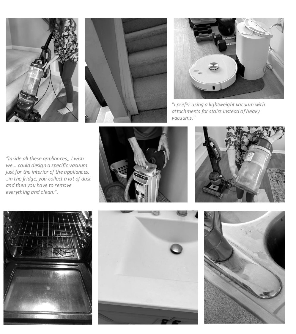 Report photos of vacuums: a bagged vacuum, a clear-bin vacuum, and appliance interiors