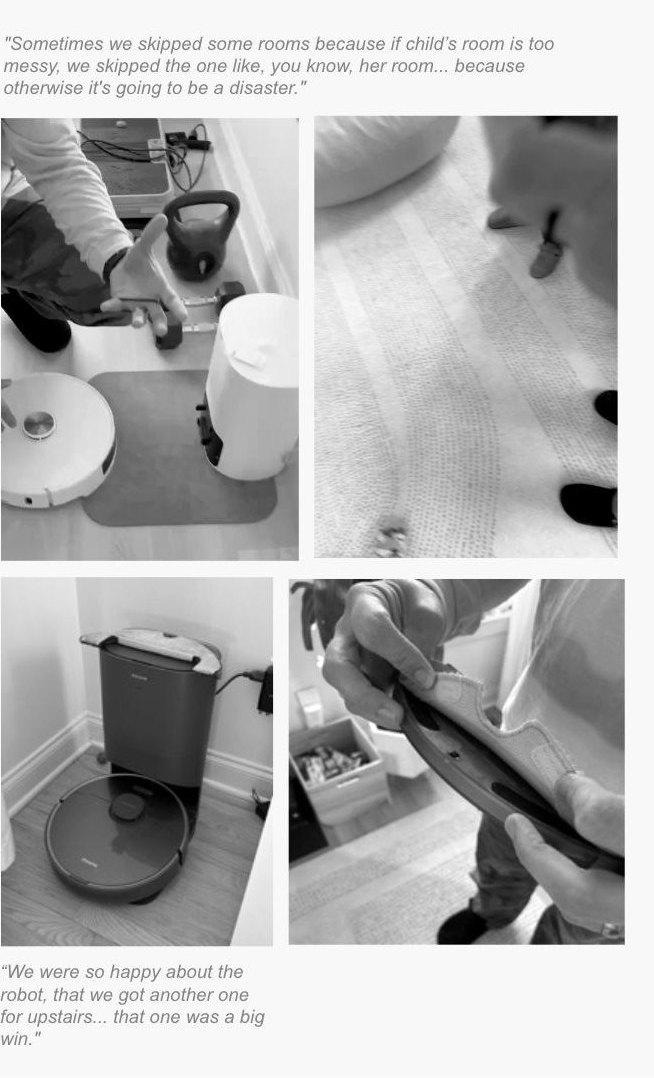 Report photos: a person docking a robot vacuum, a robot at its auto-empty dock, a hand checking a mop pad, with participant quotes