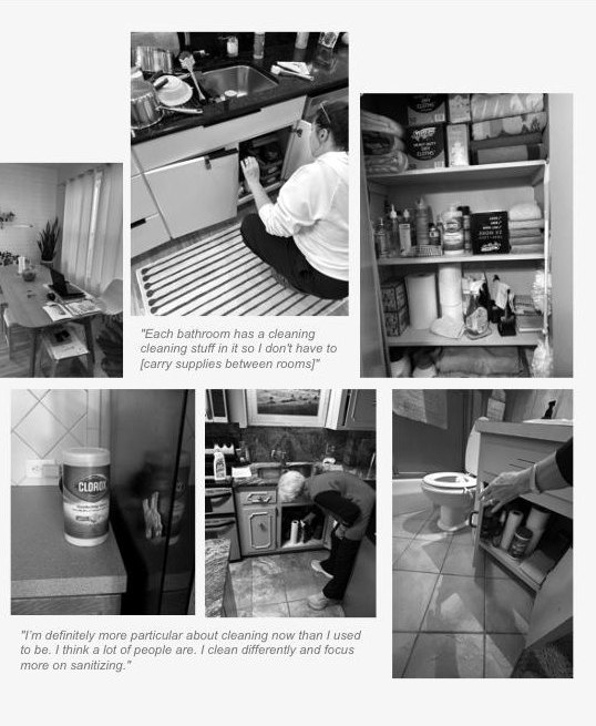 Report photos: cleaning under the kitchen sink, a stocked cleaning shelf, and wipes left out as a reminder, with participant quotes